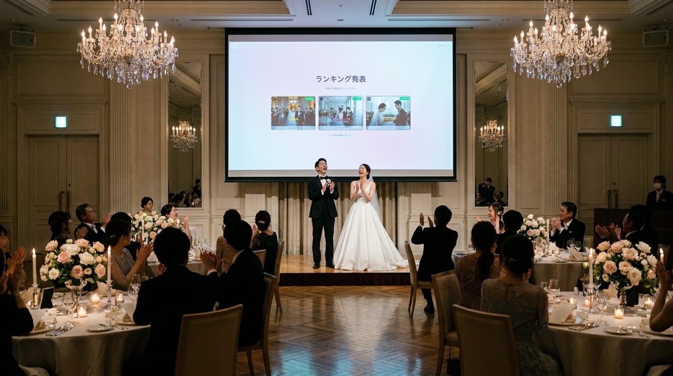 会場の大型スクリーンにランキング発表を投影し、新郎新婦とゲストが盛り上がっているイメージ